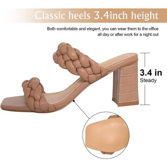 Women's Braided Heeled Sandals Strappy Square Open Toe Heels Backless Mules Slip - Picture 4 of 6